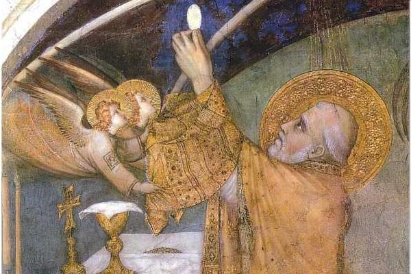 La messe miraculeuse, Simone Martini, XIVe siècle. Assise, Église de San Francesco. Détail. Le Pain et le Vin dans la Messe : origines